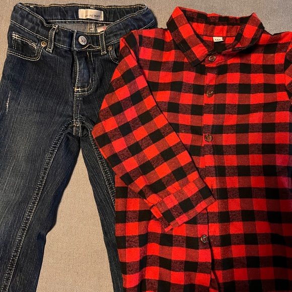 Girls Jean and Buffalo Plaid Red n Black Set - Picture 2 of 6
